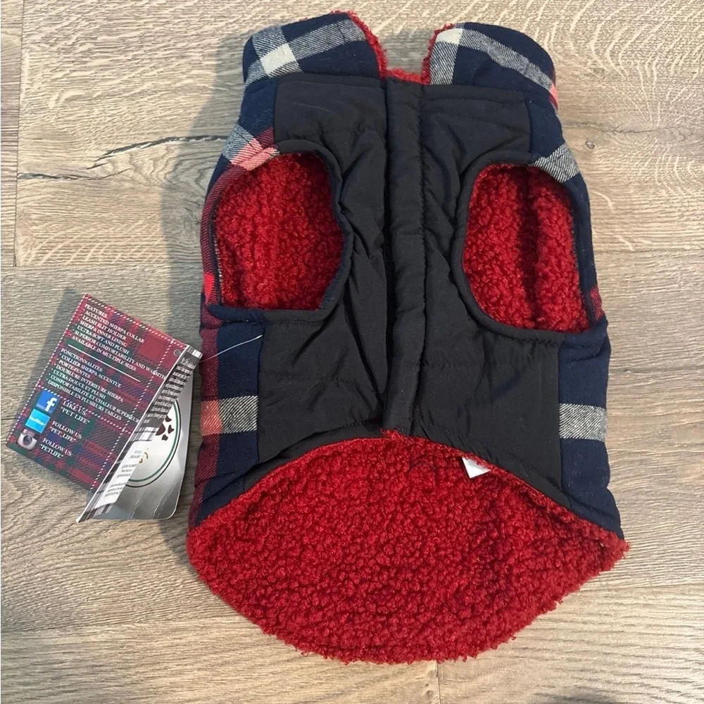 Pet Life navy and red Plaid dog jacket, S, NWT!